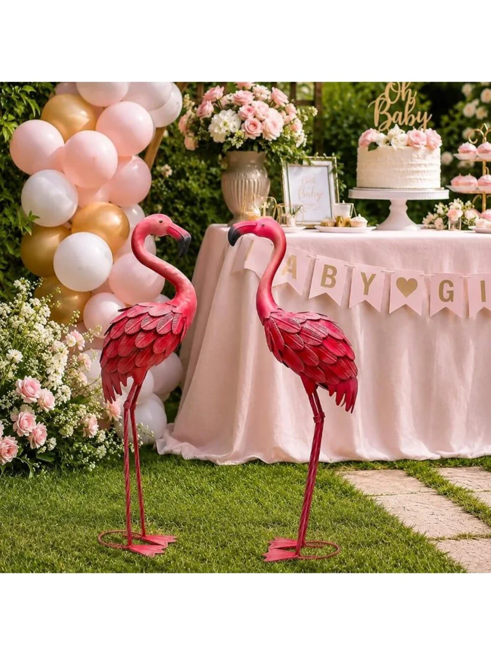 Set of 2 Pink Flamingo Yard Art Statues - Outdoor Garden Decor for Lawn & Patio